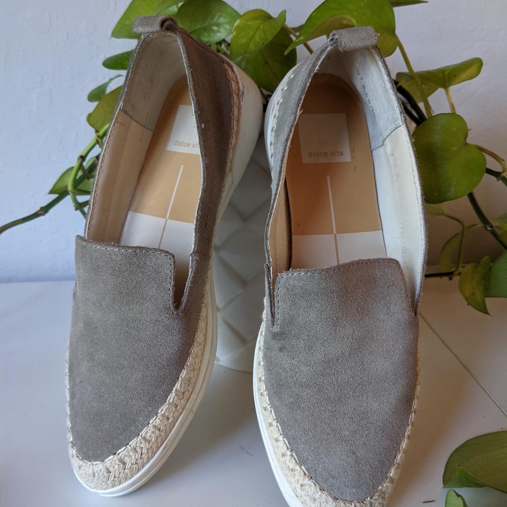 Gray Suede Espadrille Flats With White Rubber Sole.
